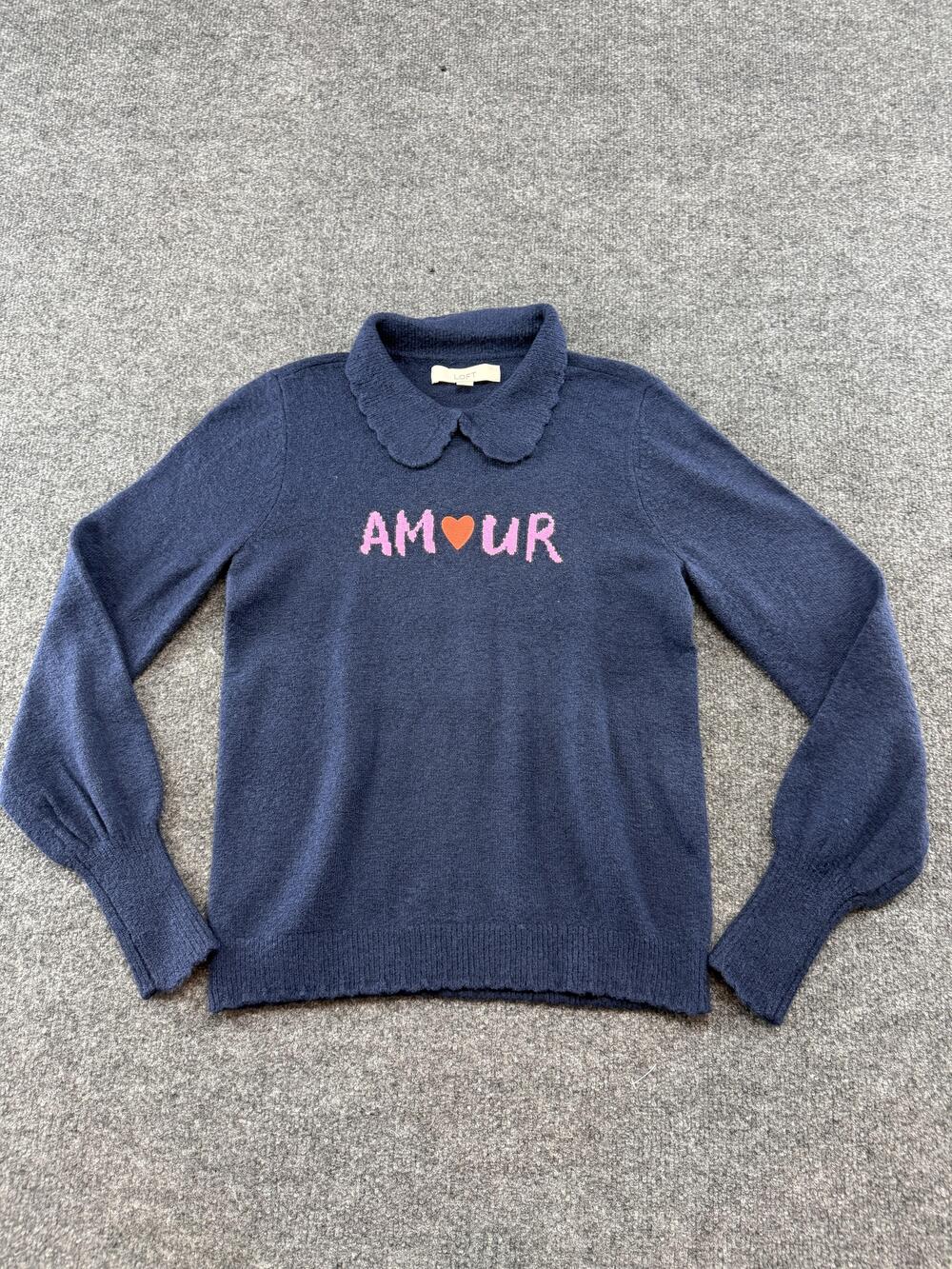 LOFT Sweater Womens XS Blue Amour Heart Graphic Collared Pullover Knit